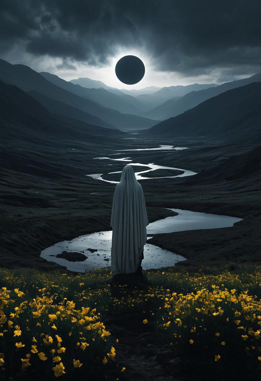 A solitary figure standing in a valley, facing away from the viewer towards an eclipse. The figure is cloaked in a long, flowing garment that reaches down to the ground. Surrounding the figure are vibrant yellow flowers dotting the landscape, contrasting with the muted tones of the hills and waterways meandering through the valley floor. The setting is dramatic and moody, with dark clouds overhead.