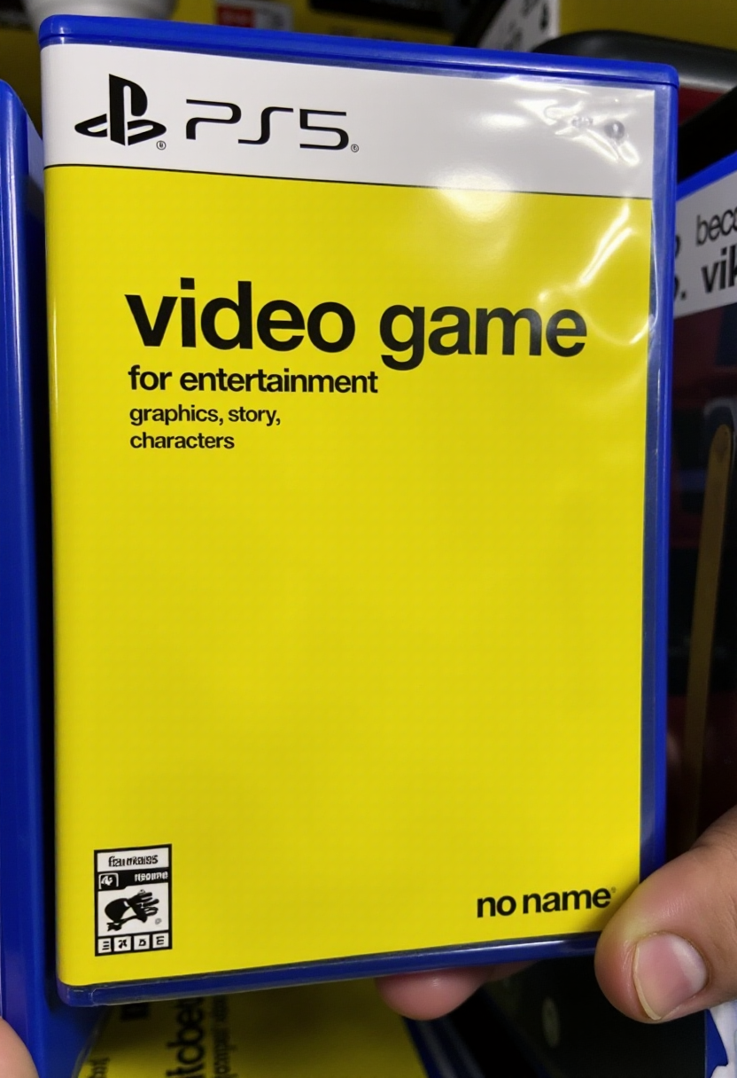 A person’s hand holding a PlayStation 5 video game case in what appears to be a store with shelves of other products in the background, slightly out of focus. The case is predominantly yellow with blue borders, consistent with PS5 branding colors. On the front cover, instead of a specific game title or artwork, there are texts that read “video game” in bold black letters at the top and below it, smaller text stating “for entertainment graphics, story, characters.” At the bottom right corner of the case is text that says “no name” in lowercase letters. 